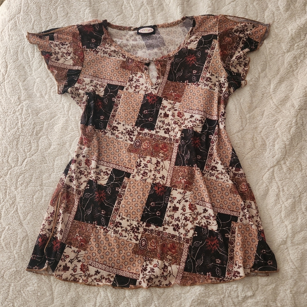 Vintage 90's Patchwork Style Flutter Sleeve Boho Top